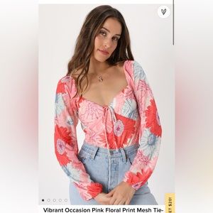 Vibrant Occasion Pink Floral Print Mesh Tie-Back Bodysuit